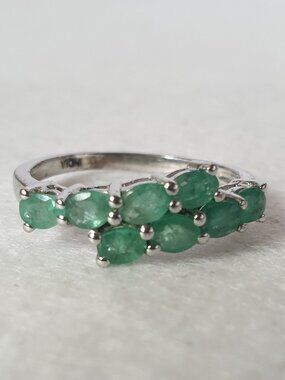 Vintage 925 Sterling Silver Double Row Natural Emerald Cluster Ring
